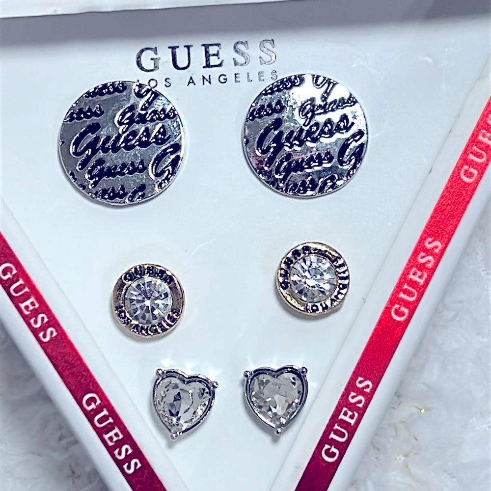 GUESS Los Angeles Silver‎ Gold Tone Crystal Heart Logo Stud Earring Set 3 Pairs